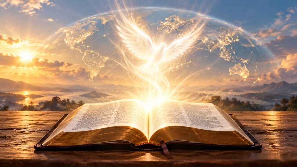 An open Bible illuminated by heavenly light, symbolizing the presence of the Holy Spirit and the journey of Christian faith.