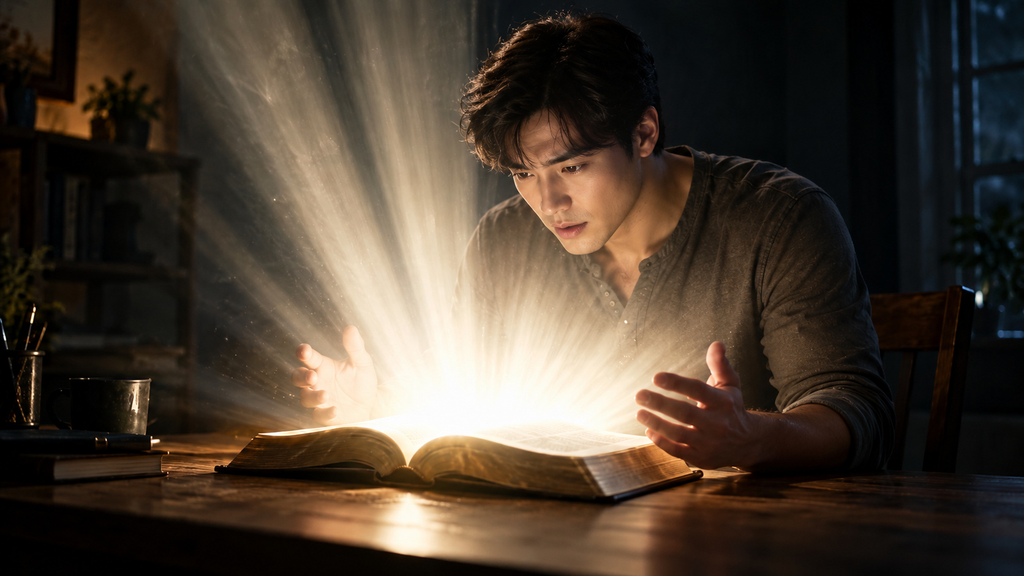 An open Bible on a desk radiating brilliant white light as a man looks on in awe.