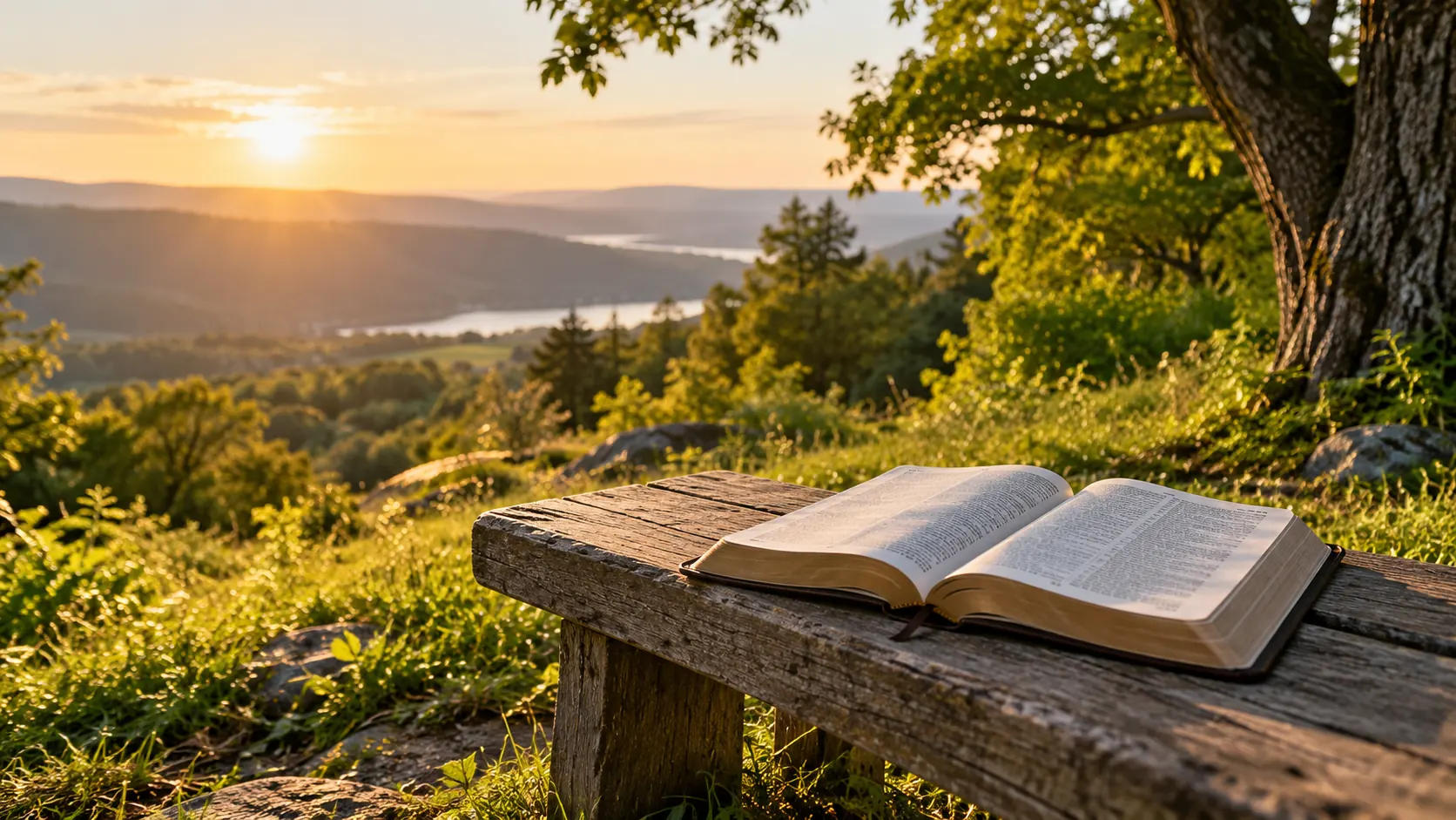 An open Bible on a wooden bench overlooking a peaceful landscape in warm sunlight.