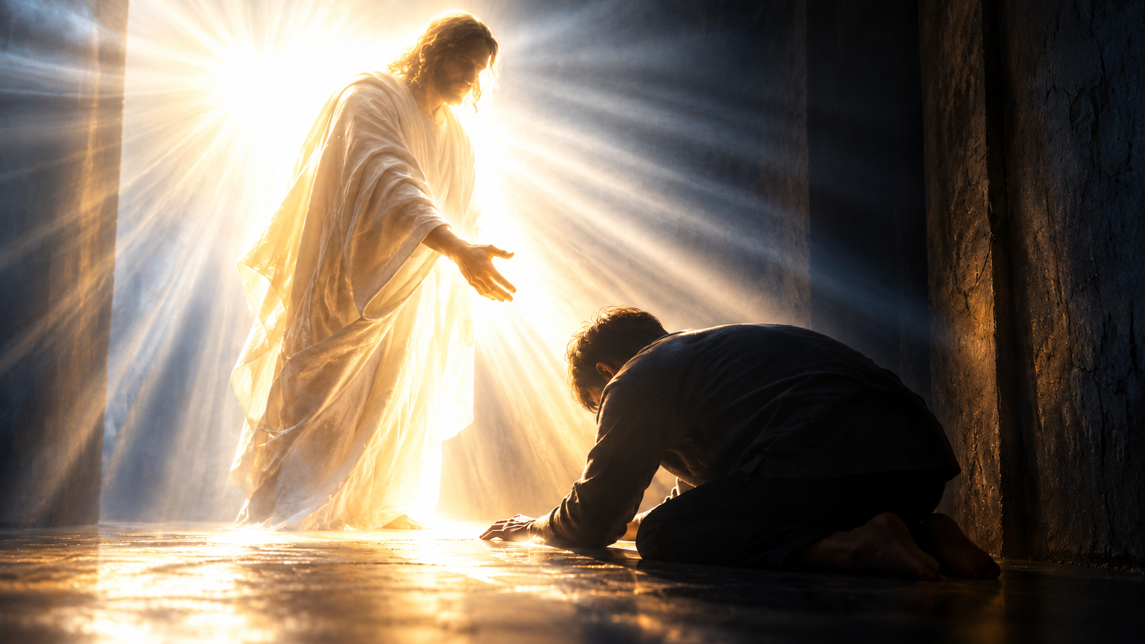 A radiant figure reaching toward a kneeling man in a dark room, surrounded by heavenly light, symbolizing a life-changing encounter with the Holy Spirit.
