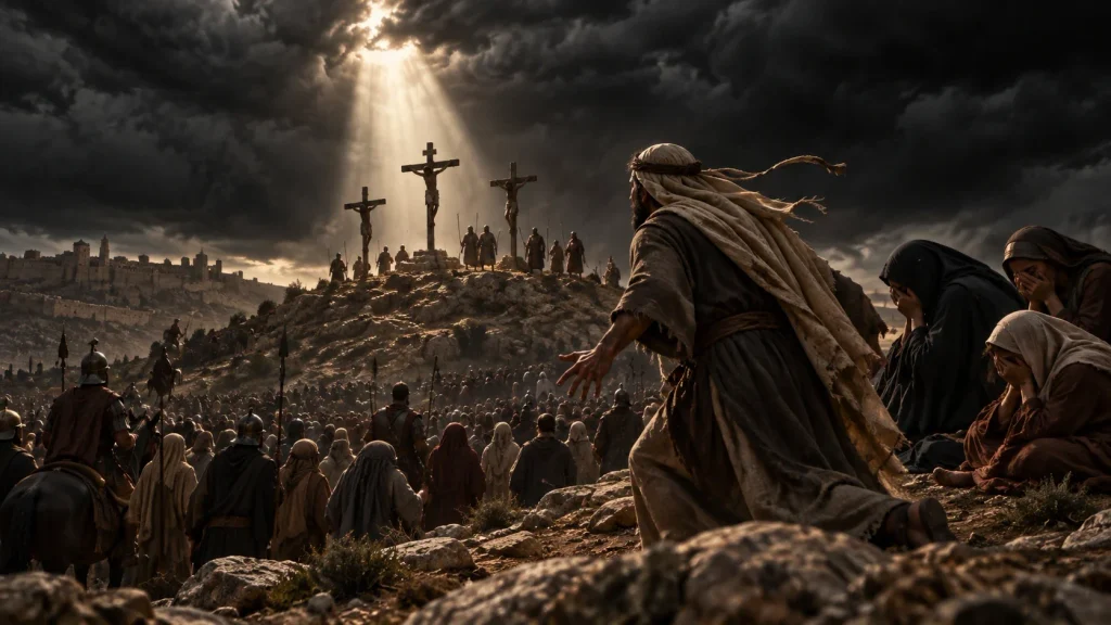 Jesus on the cross at Golgotha, surrounded by grieving witnesses beneath dark clouds and a beam of heavenly light.