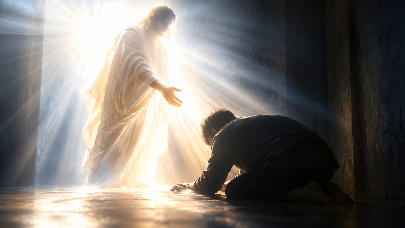 A man kneels before a radiant figure emerging from brilliant white light in a dark room, symbolizing a personal encounter with God.